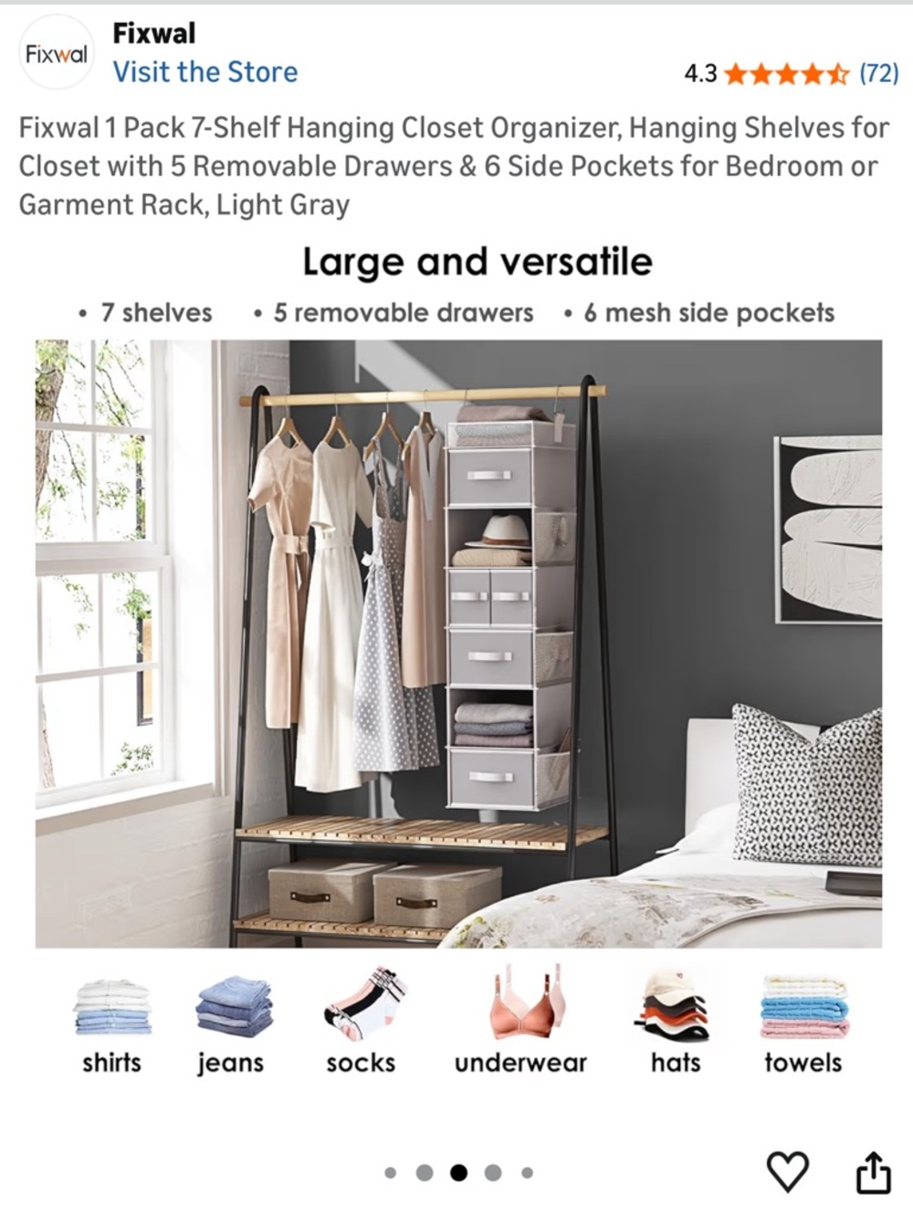 NIB 7-Shelf Hanging Closet Organizer - Light Gray